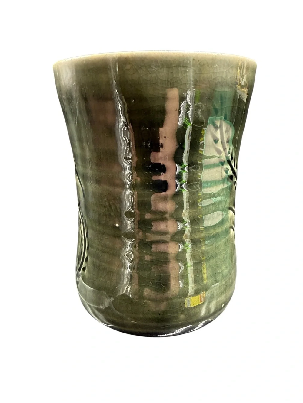Studio Pottery Mug Green Drip Glaze Stoneware Coffee Cup Signed DTP J